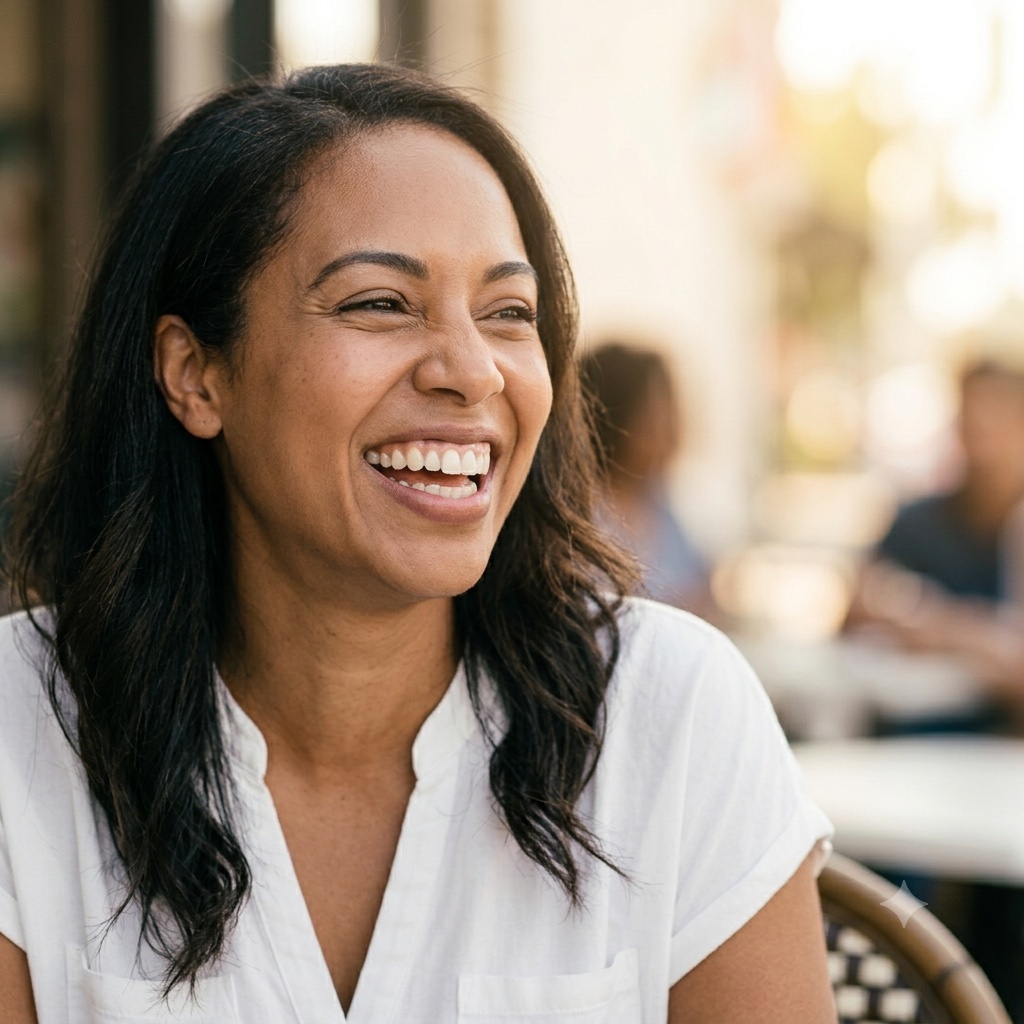 Woman with a bright, natural smile laughing outdoors after cosmetic dentistry at Comfort Dental in Garden Grove