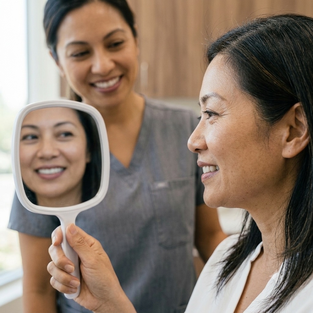 Patient admiring her restored smile in a hand mirror with a dental team member after crown and bridge treatment at Comfort Dental in Garden Grove
