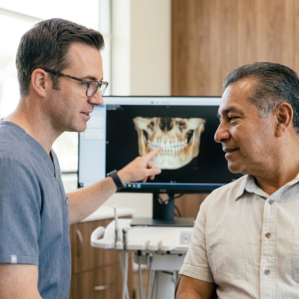 Dentist reviewing a 3D jaw scan with a patient during a dental implant consultation at Comfort Dental in Garden Grove