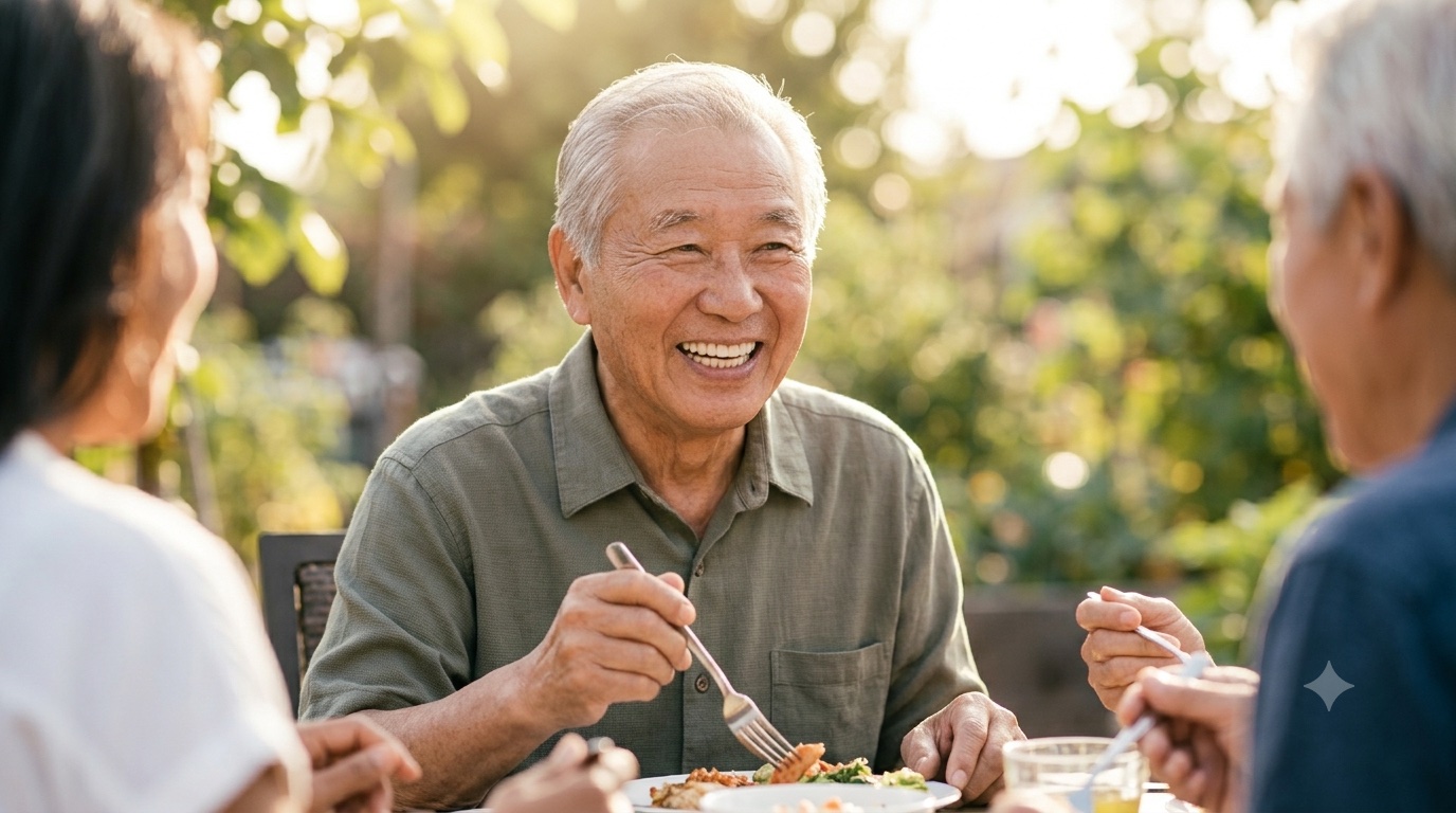 Smiling senior man eating and laughing with family outdoors, enjoying life with comfortable dentures from Comfort Dental in Garden Grove