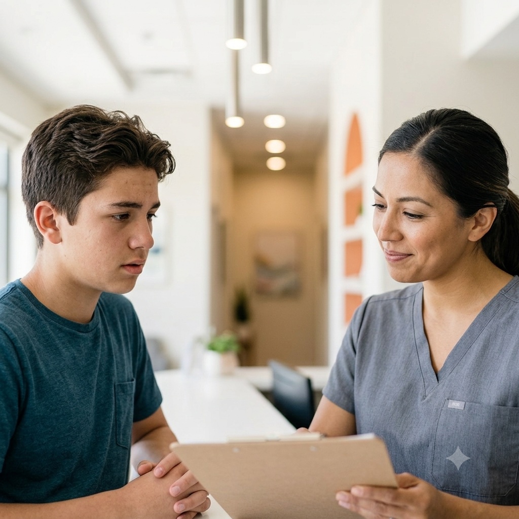 Dental team member reassuring a teen patient at the front desk during an emergency dental visit at Comfort Dental in Garden Grove