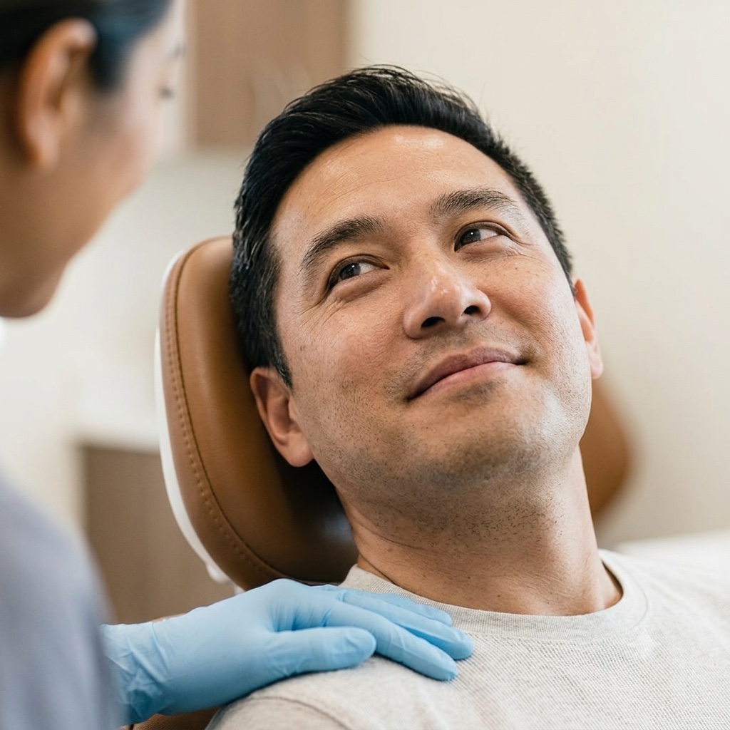 Calm, reassured patient in the dental chair with a team member's gentle hand on his shoulder before a tooth extraction at Comfort Dental in Garden Grove