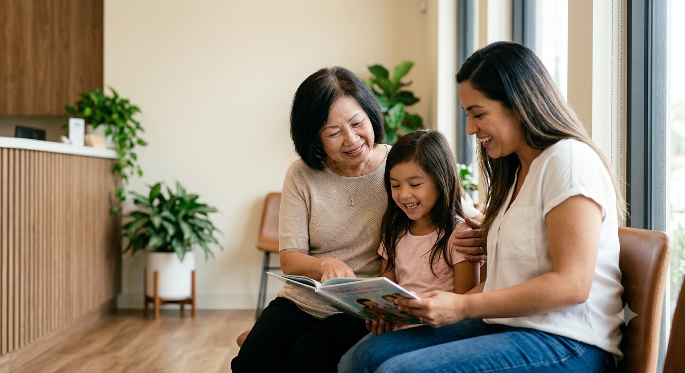 Grandmother, mother, and young daughter reading together in the waiting area at Comfort Dental in Garden Grove