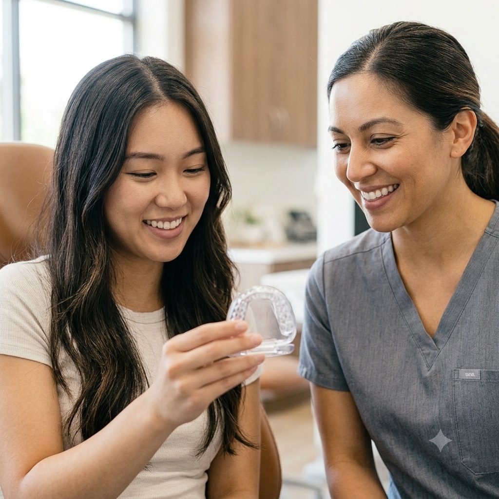 Patient holding a clear aligner tray beside a smiling dental team member during an Invisalign and braces consultation at Comfort Dental in Garden Grove