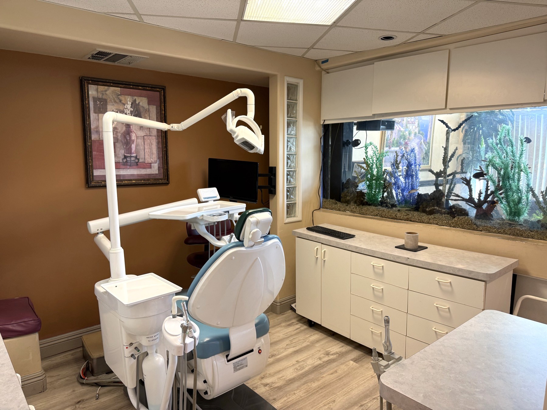 Treatment room with a calming aquarium view