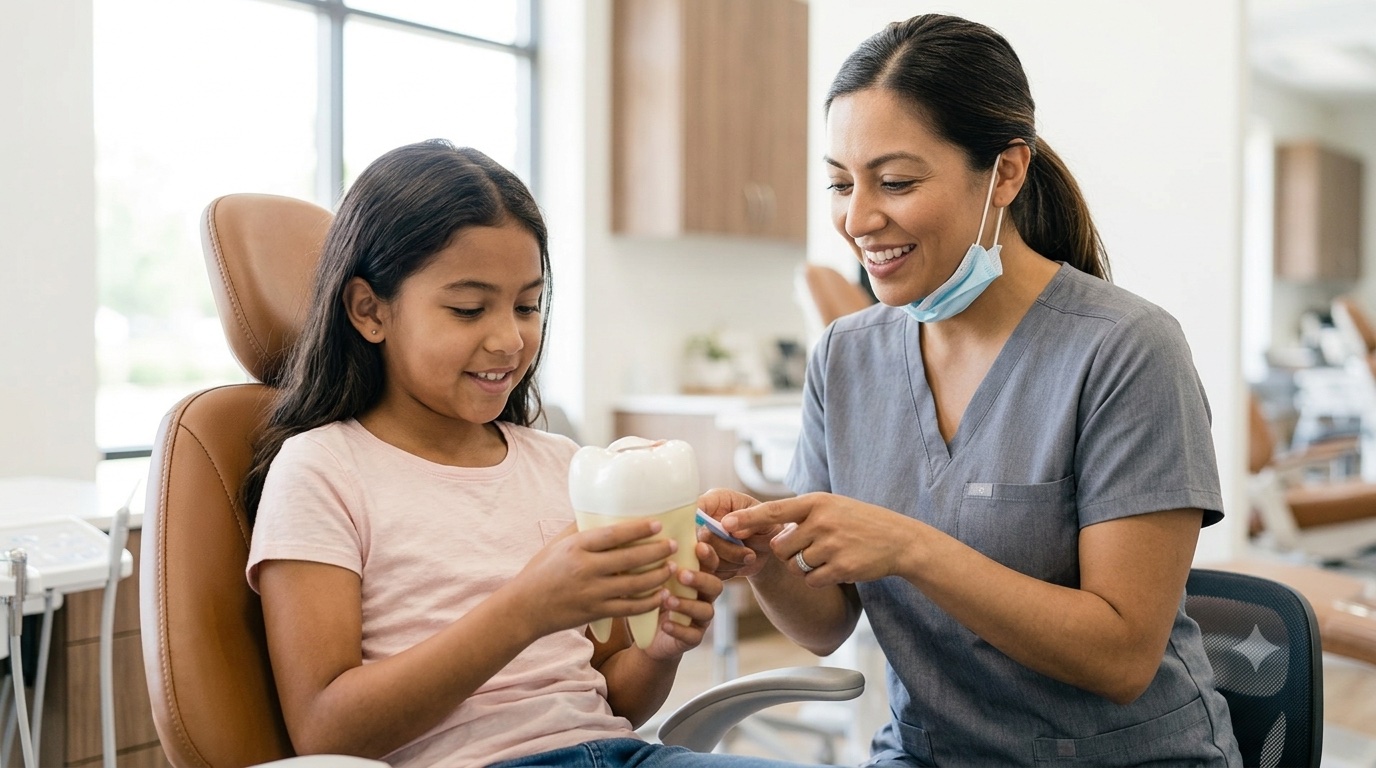 Dental hygienist showing a young girl a tooth model during a preventive care visit at Comfort Dental in Garden Grove