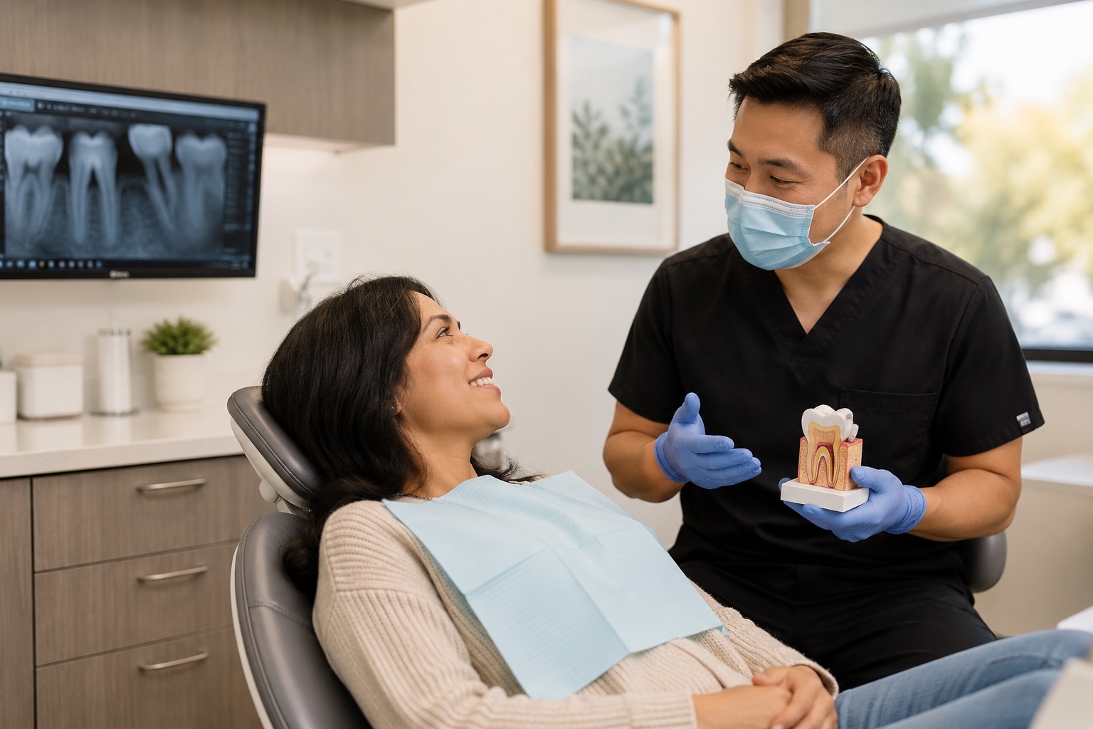 Dentist calmly explaining a tooth model to a relaxed patient during a root canal consultation at Comfort Dental in Garden Grove
