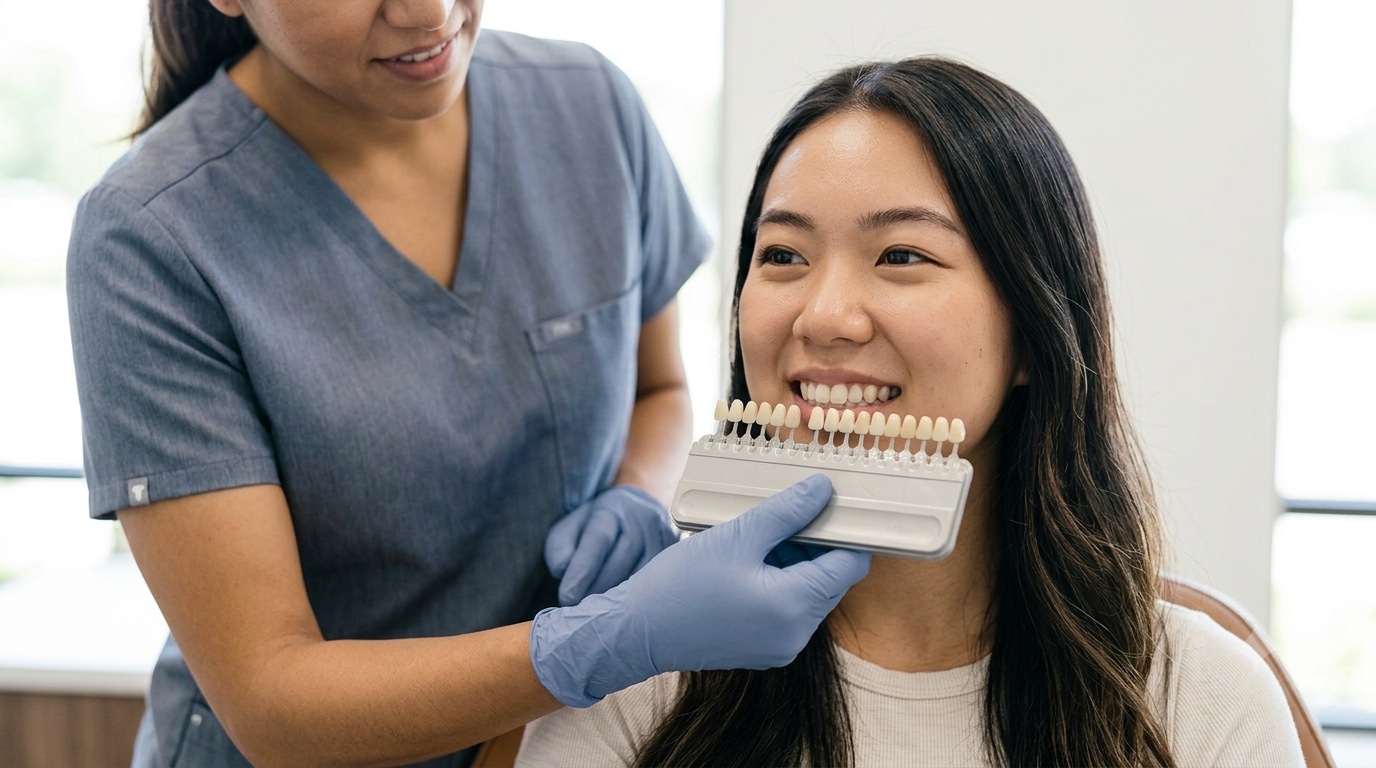Dental team matching a tooth shade guide to a smiling patient before teeth whitening at Comfort Dental in Garden Grove