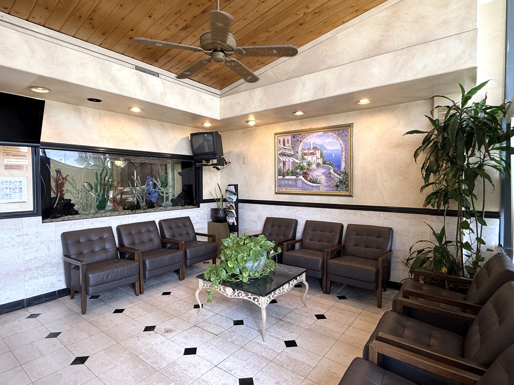 The calm, welcoming waiting room at Comfort Dental in Garden Grove